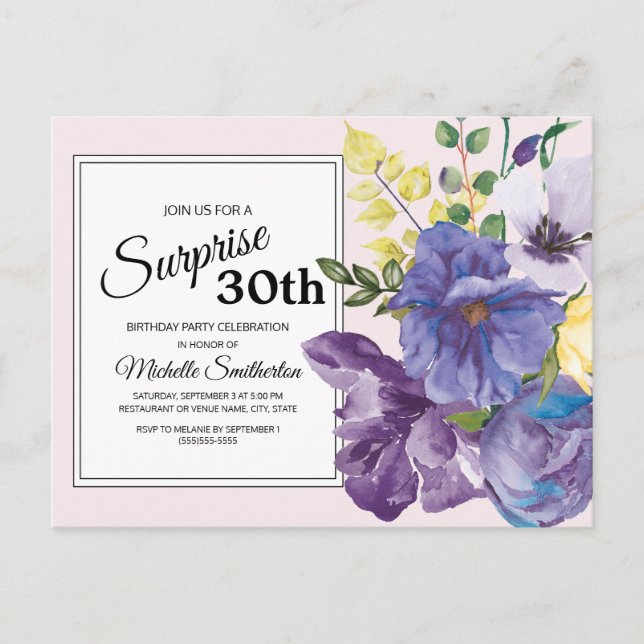 Purple Watercolor Floral on Pink 30th Birthday Postcard (Front)