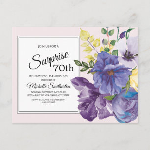 Purple Watercolor Floral on Pink 70th Birthday Postcard