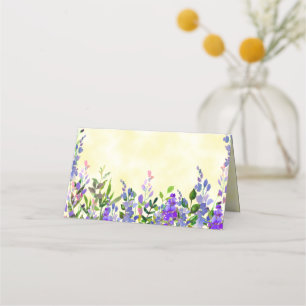 Purple Watercolor Floral on Yellow Name Place Card