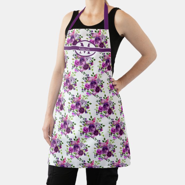 Purple Watercolor Floral Pattern Monogram | Name Apron (Insitu)