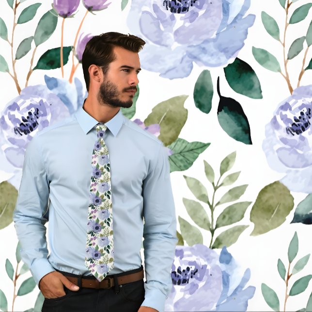 Purple Watercolor Floral Pattern on White, Wedding Tie (Man wearing Purple Watercolor Floral Pattern on White, Wedding Neck Tie. Background matches tie.)