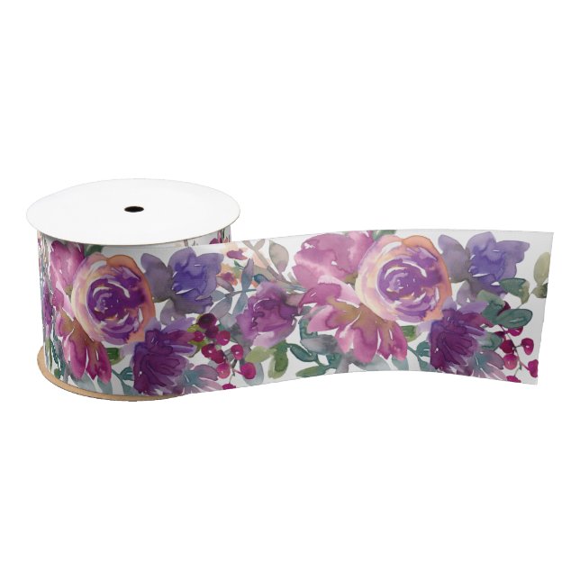 Purple Watercolor Floral Pattern Satin Ribbon (Spool)