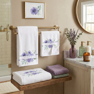 Purple watercolor floral personalised bath towel set