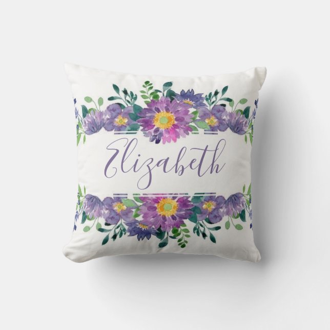 Purple watercolor floral personalised cushion (Front)
