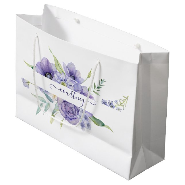 Purple watercolor floral personalised   large gift bag (Front Angled)