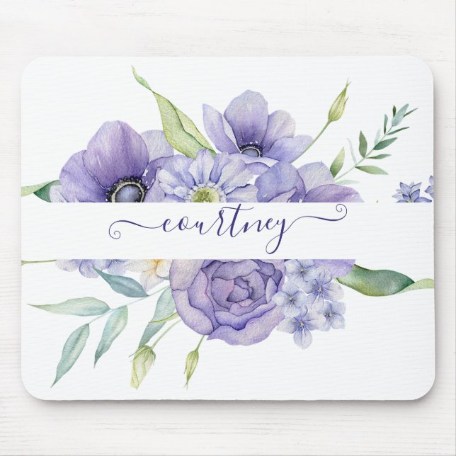Purple watercolor floral personalised   mouse pad (Front)