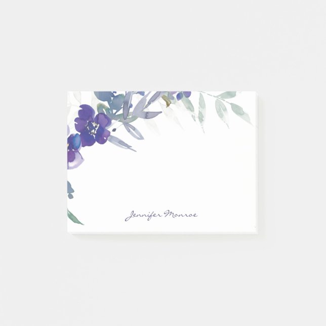 Purple watercolor floral personalised post-it notes (Front)