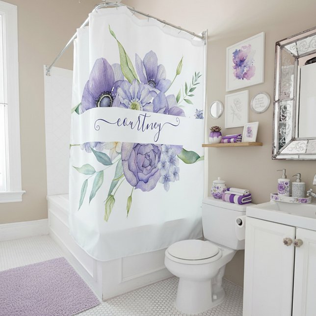 Purple watercolor floral personalised   shower curtain (Creator Uploaded)