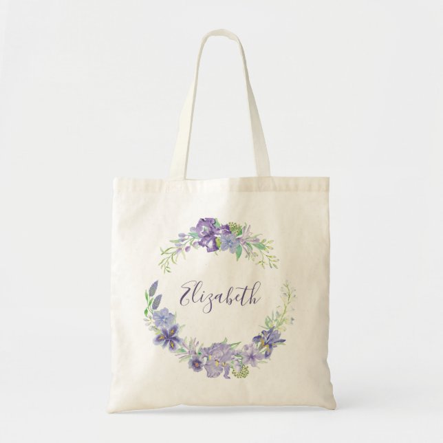 Purple watercolor floral personalised tote bag (Front)