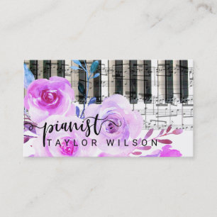 purple watercolor floral pianist script business card