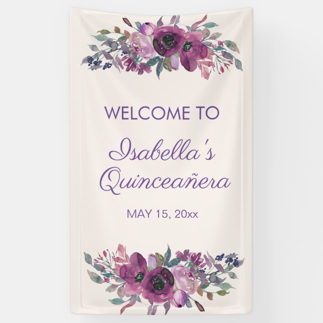 Purple Watercolor Floral Quinceañera Welcome Banne Banner (Vertical)