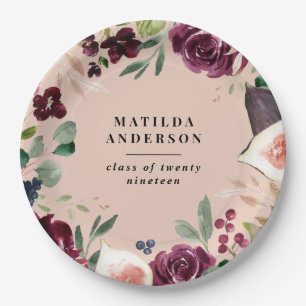 Purple watercolor floral + script graduation day paper plate