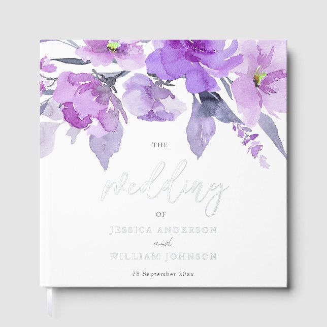 Purple Watercolor Floral Silver Foil Wedding Guest Book (Front)
