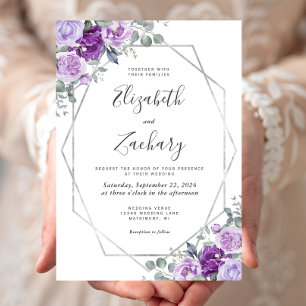 Purple Watercolor Floral Silver Frame Wedding Invitation