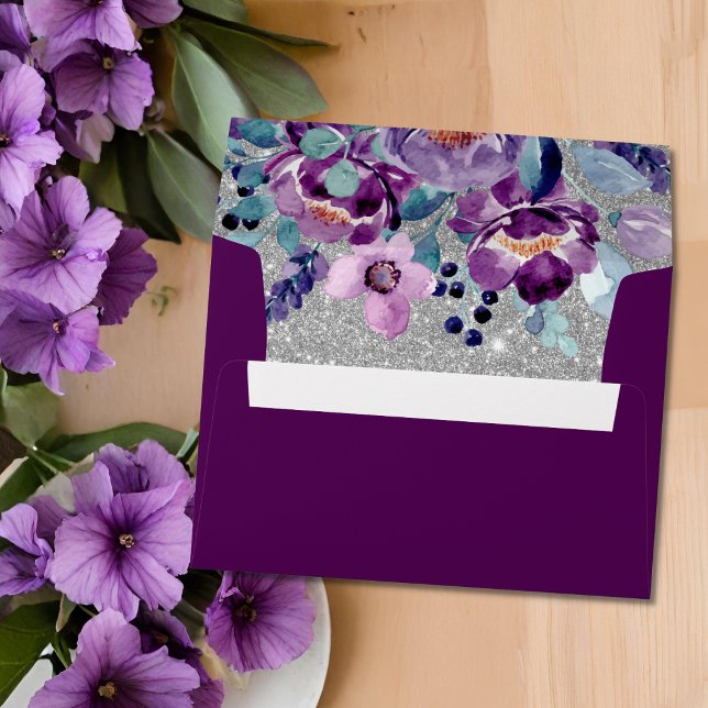 Purple Watercolor Floral & Silver Glitter Wedding Envelope (Creator Uploaded)