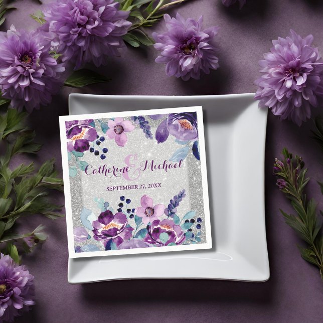 Purple Watercolor Floral & Silver Glitter Wedding Napkin (Creator Uploaded)