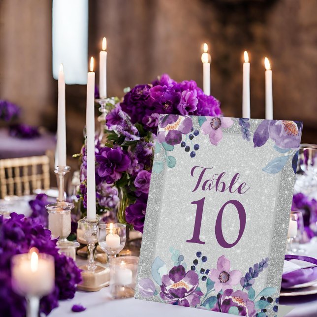 Purple Watercolor Floral & Silver Glitter Wedding Pedestal Sign (Front view violet luxury botanical purple floral silver glitter romantic plum lilac Table number )