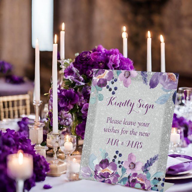 Purple Watercolor Floral & Silver Glitter Wedding Pedestal Sign (Creator Uploaded)