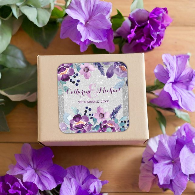 Purple Watercolor Floral & Silver Glitter Wedding Square Sticker (Creator Uploaded)