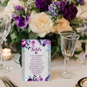 Purple Watercolor Floral & Silver Glitter Wedding Table Number