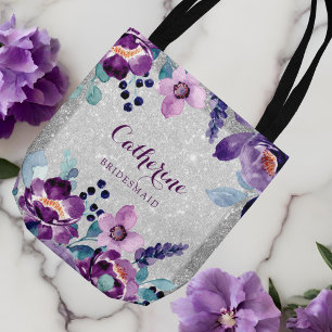 Purple Watercolor Floral & Silver Glitter Wedding Tote Bag