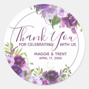 Purple Watercolor Floral Thank You Classic Round Sticker