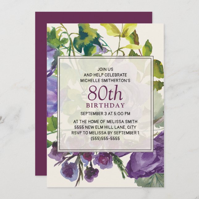 Purple Watercolor Floral Vines 80th Birthday Invitation (Front/Back)