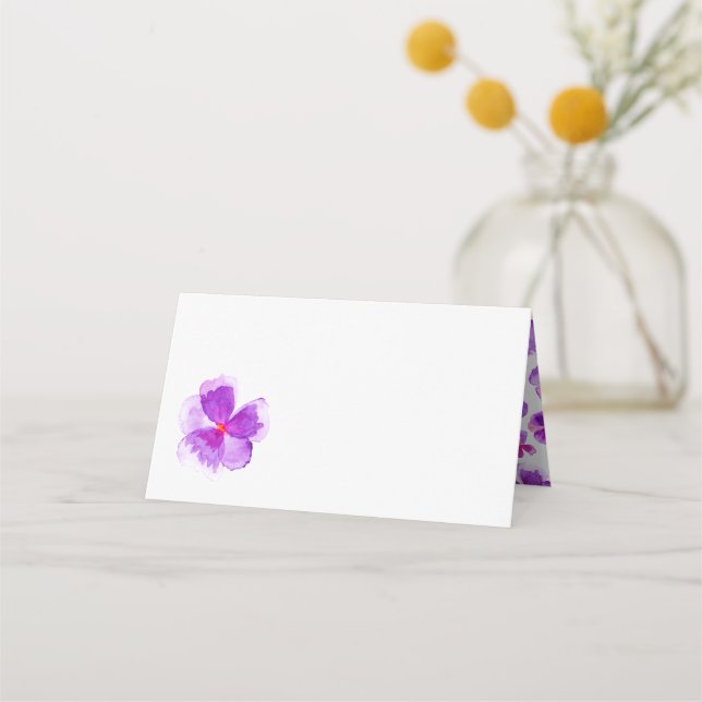 Purple watercolor floral wedding event place cards (Front)