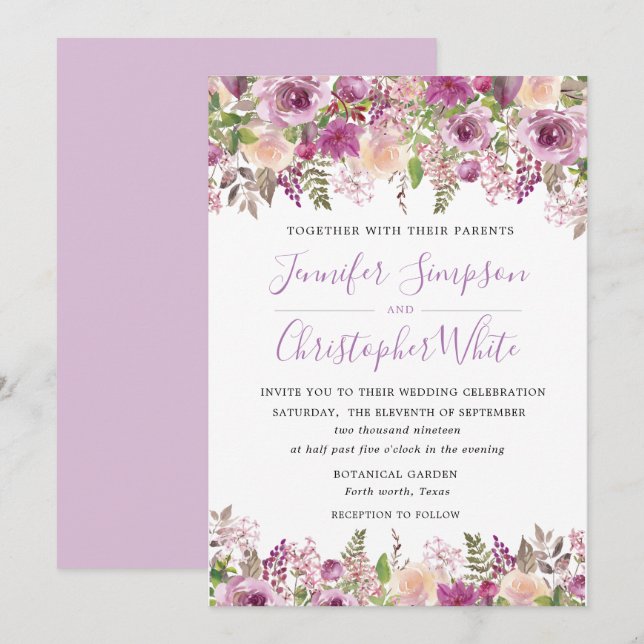 Purple Watercolor Floral Wedding Invitation Cards (Front/Back)