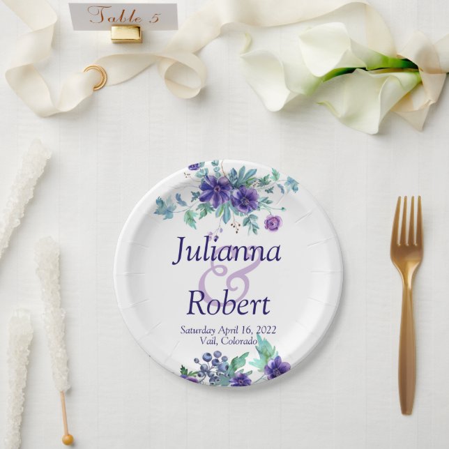 Purple watercolor floral wedding  paper plates (Wedding)