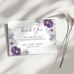 Purple Watercolor Floral Wedding Thank You Card
