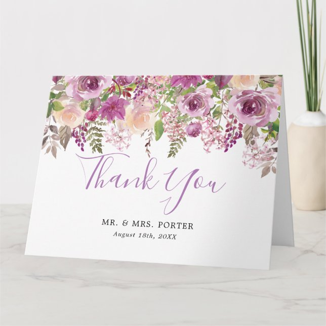 Purple Watercolor Floral Wedding Thank You Note (Front)