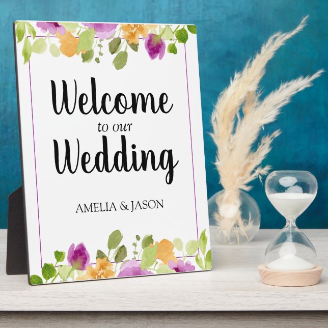 Purple Watercolor Floral Wedding Welcome Plaque (Side)