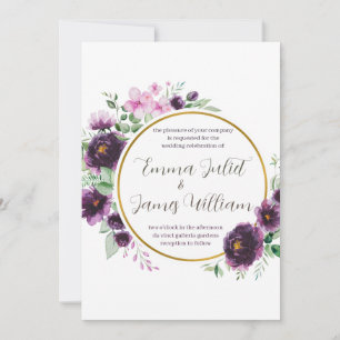 Purple Watercolor Floral Wreath Wedding Invitation