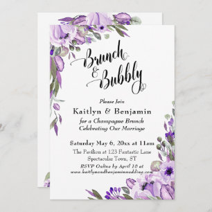 Purple Watercolor Florals Brunch & Bubbly Invitation