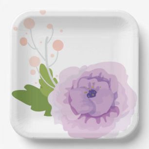 Purple Watercolor Flower Birthday Party Paper Plate