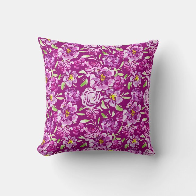Purple watercolor flower peony blooms throw pillow (Front)