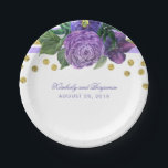 Purple Watercolor Flowers and Gold Confetti Modern Paper Plate<br><div class="desc">Gold glitter confettis,  stripes and lilac and plum purple flowers wedding paper plate</div>
