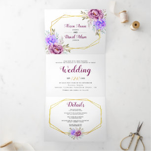 Purple watercolor flowers and gold frame wedding Tri-Fold invitation