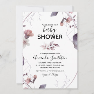 Purple Watercolor Flowers Baby Shower Invitation