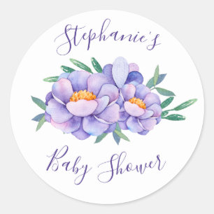 Purple Watercolor Flowers Baby Shower Personalised Classic Round Sticker