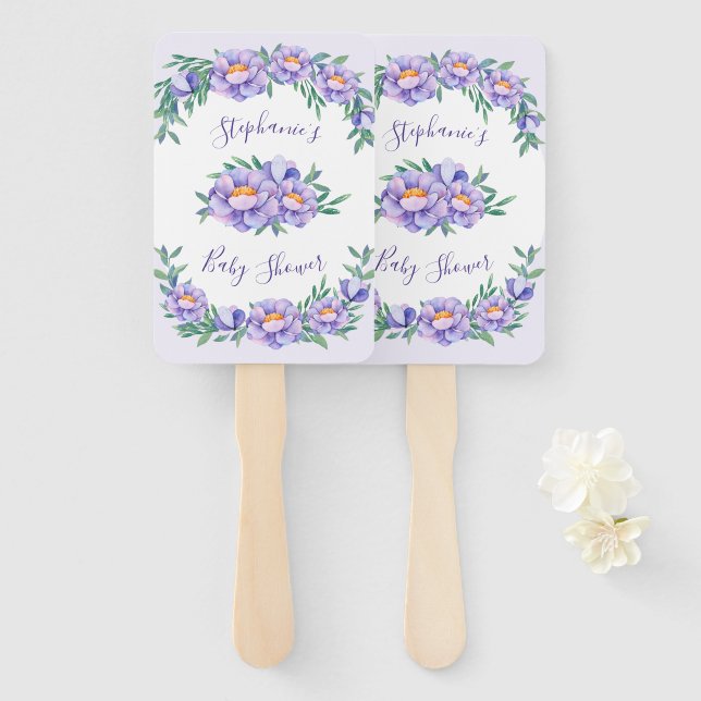 Purple Watercolor Flowers Baby Shower Personalised Hand Fan (Front and Back)