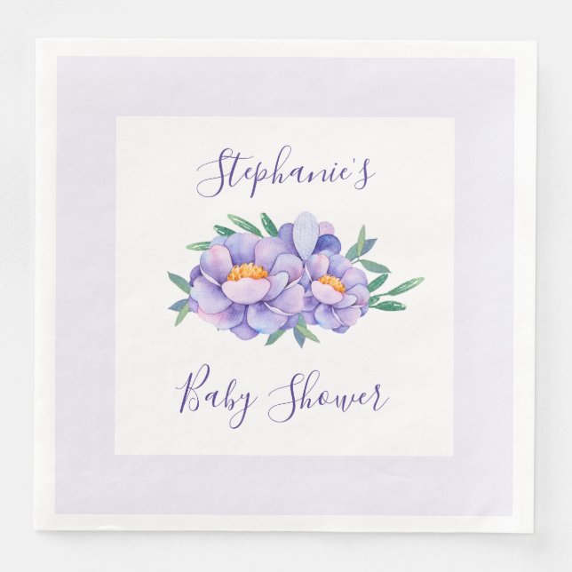 Purple Watercolor Flowers Baby Shower Personalised Napkin (Front)