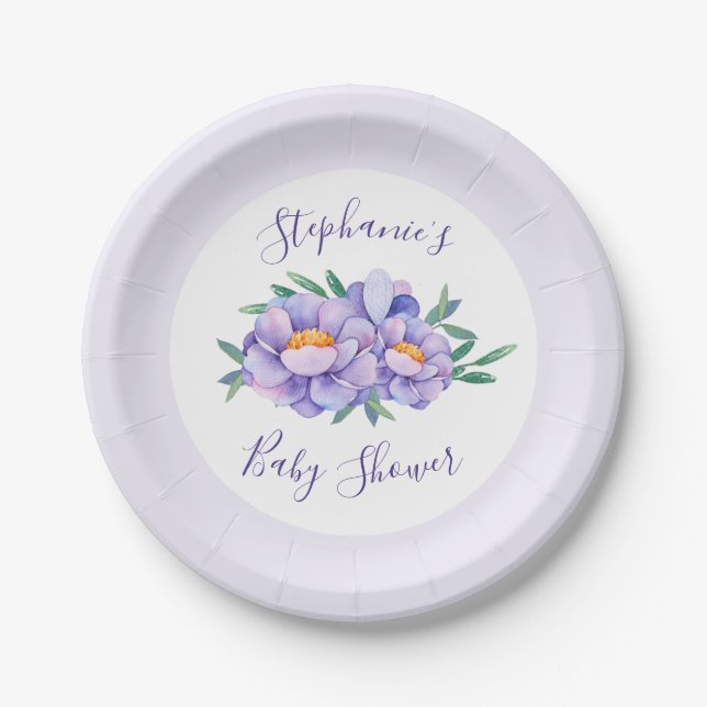 Purple Watercolor Flowers Baby Shower Personalised Paper Plate (Front)
