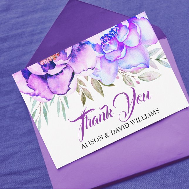 Purple watercolor flowers blue accents wedding thank you card (Creator Uploaded)