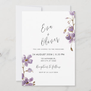Purple Watercolor Flowers Calligraphy Boho Wedding Invitation