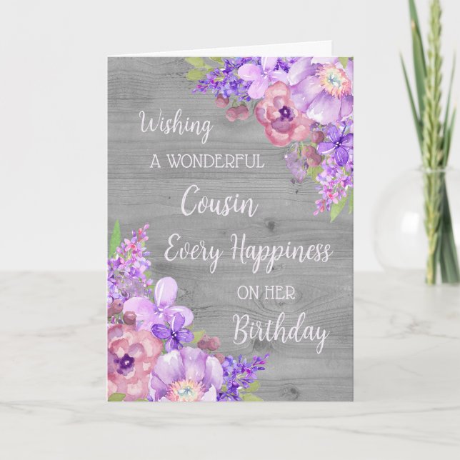 Purple Watercolor Flowers Cousin Birthday Card (Front)
