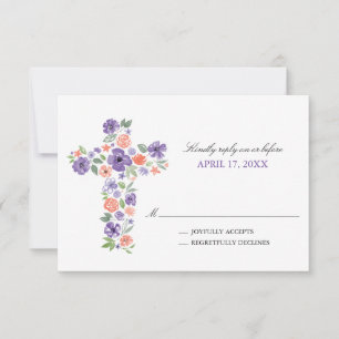 Purple Watercolor Flowers Cross First Communion Invitation