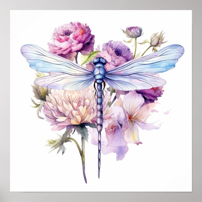 Purple Watercolor Flowers & Dragonfly Poster (Front)