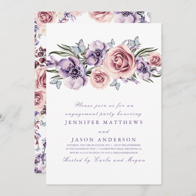 Purple Watercolor Flowers Engagement Party Card (Front/Back)